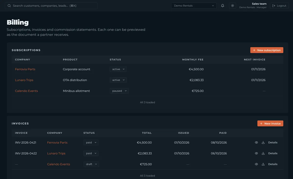 CRM billing: subscriptions and invoices for won customers