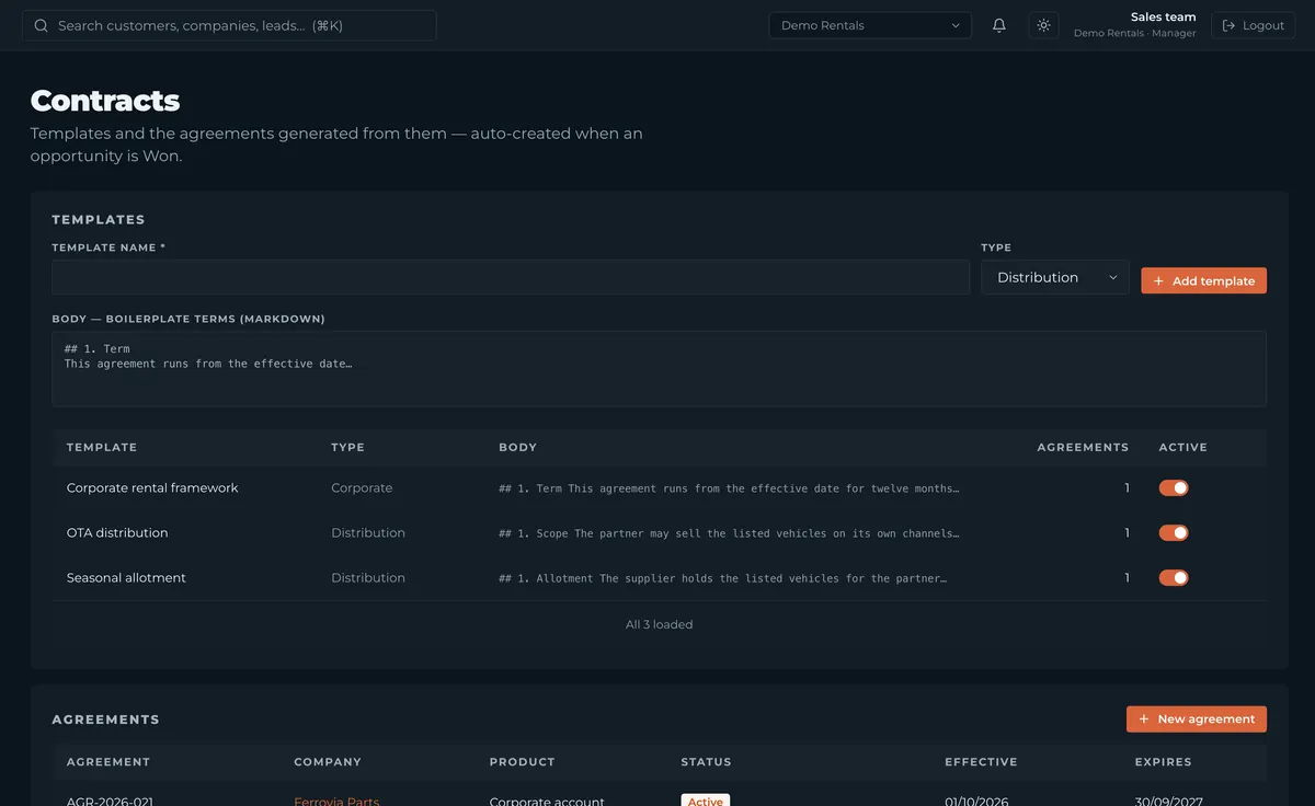 CRM contracts: agreement templates with how many agreements each produced, and the agreements created when deals are won